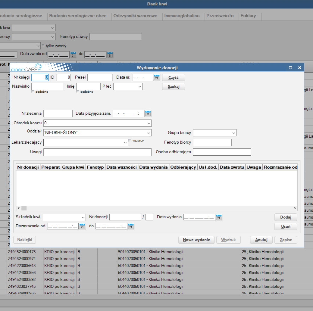 Moduł Banku Krwi w systemie LabCARE